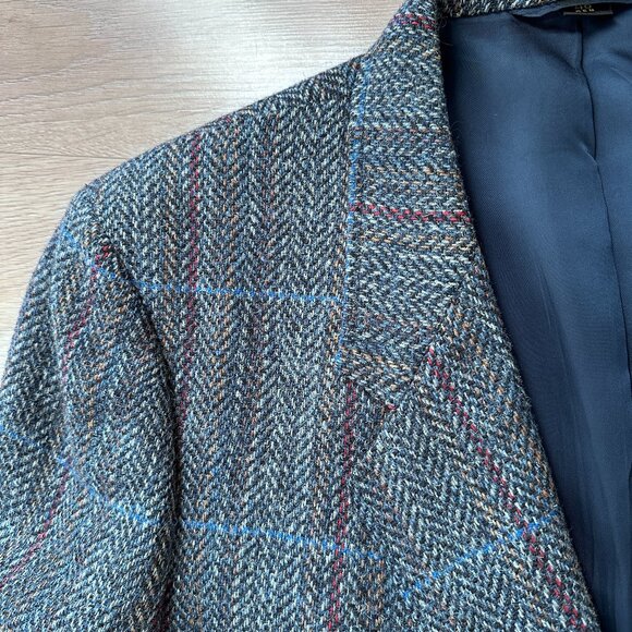Tweed Plaid Herringbone Wool Blazer sz 46R - grey/blue - Picture 3 of 14